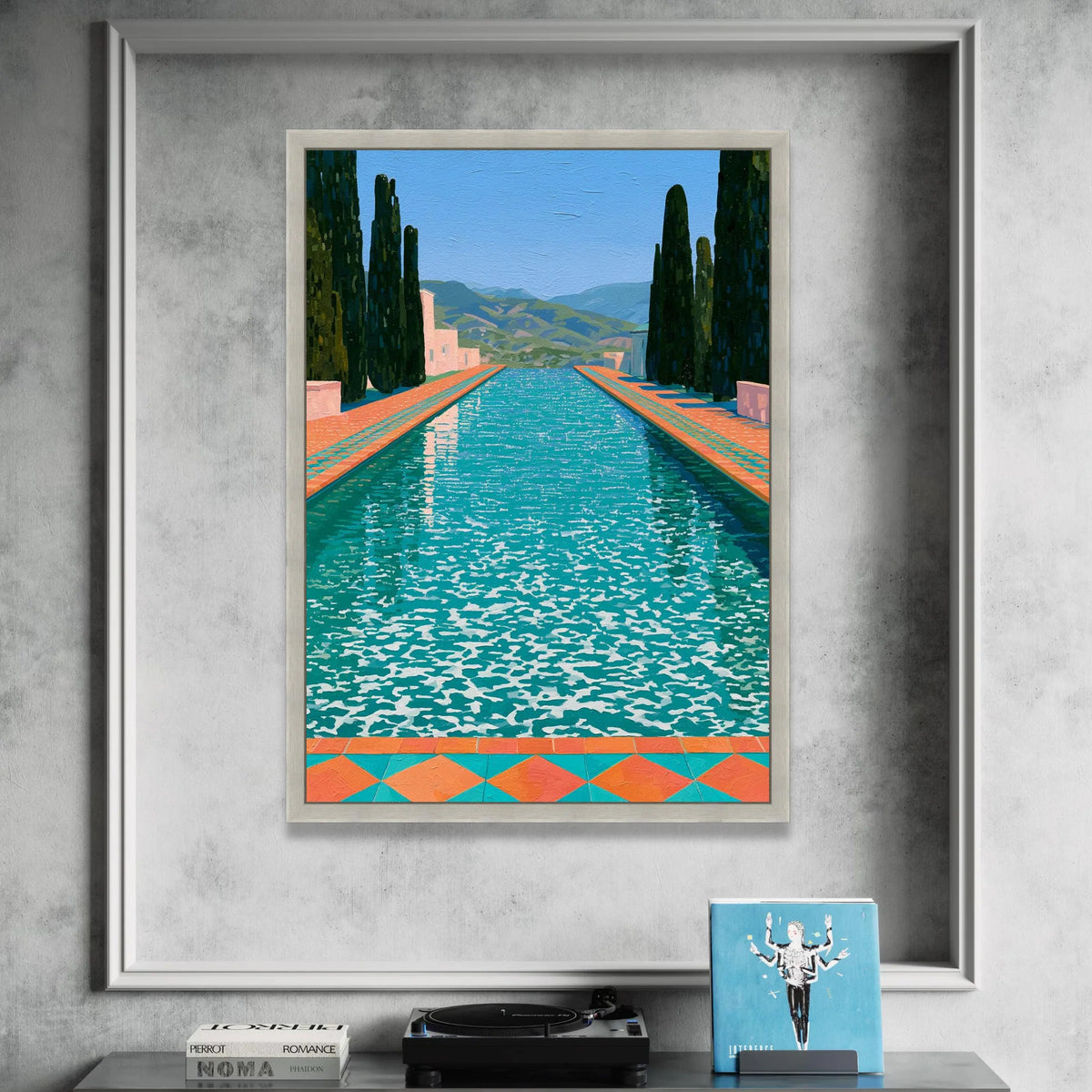David Hockney Poolside View Canvas, Modern Landscape Wall Art, Bright Colorful Water Scene, Mediterranean Style Home Decor Canvas Print Art
