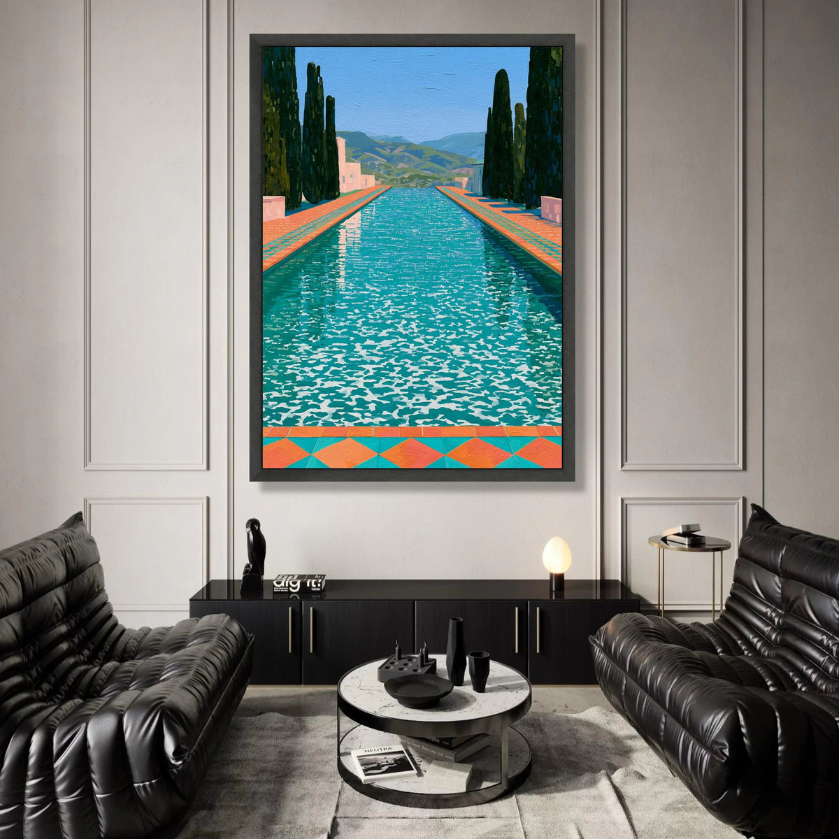 David Hockney Poolside View Canvas, Modern Landscape Wall Art, Bright Colorful Water Scene, Mediterranean Style Home Decor Canvas Print Art