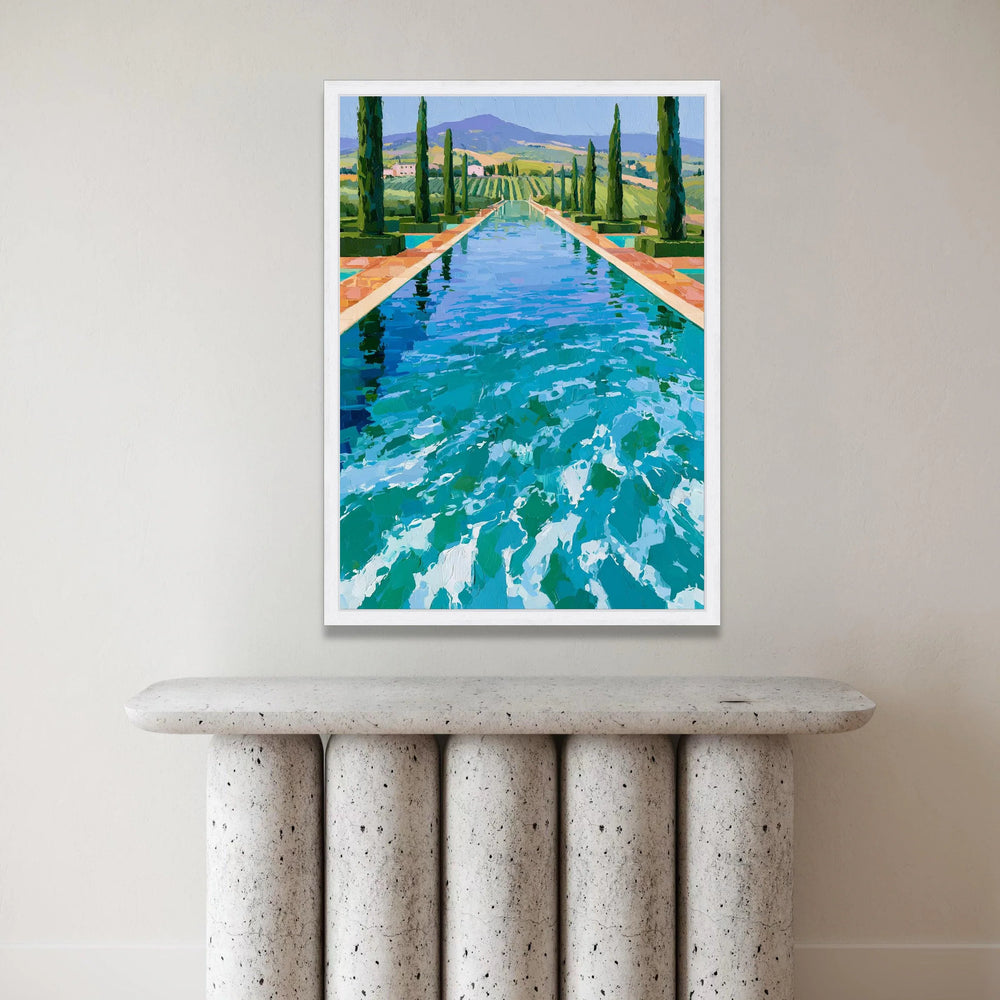 David Hockney Style Pool Landscape Canvas, Modern Impressionist Wall Art, Vibrant Garden View, Blue Water Reflection, Canvas Print Art