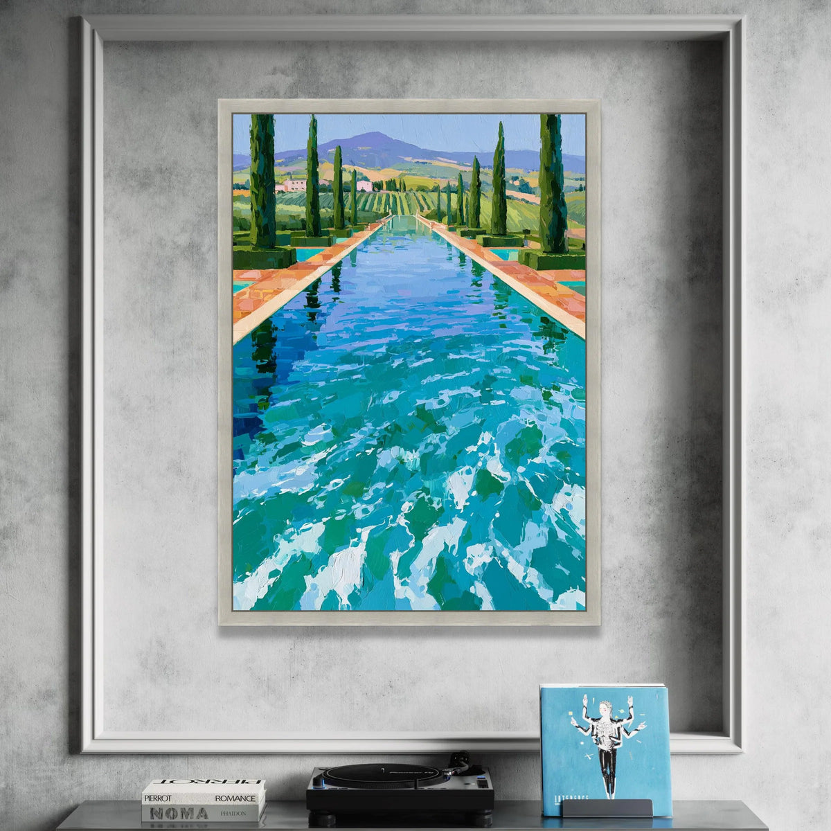 David Hockney Style Pool Landscape Canvas, Modern Impressionist Wall Art, Vibrant Garden View, Blue Water Reflection, Canvas Print Art