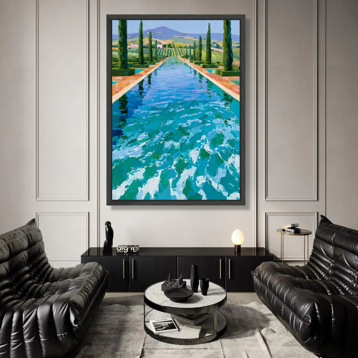 David Hockney Style Pool Landscape Canvas, Modern Impressionist Wall Art, Vibrant Garden View, Blue Water Reflection, Canvas Print Art