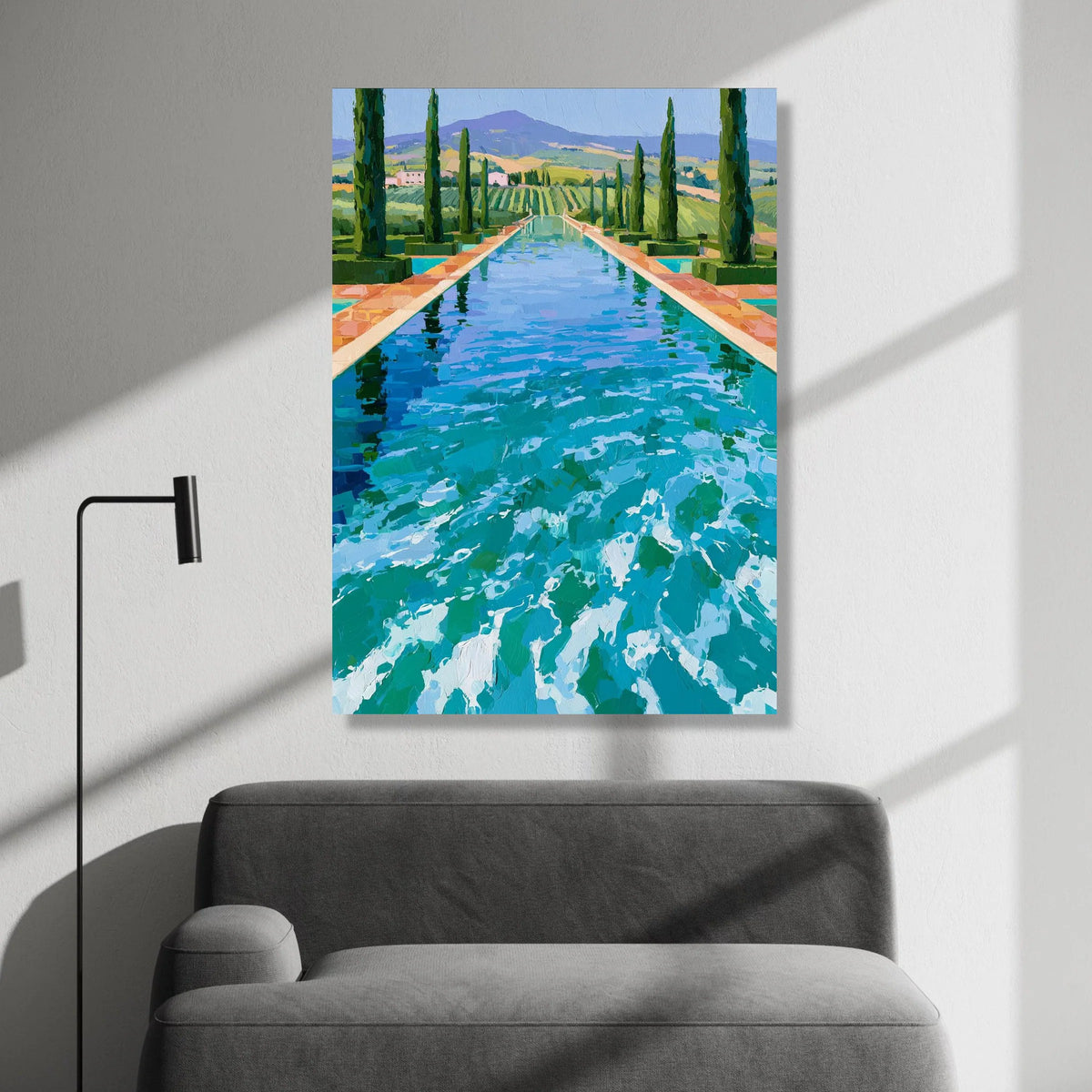 David Hockney Style Pool Landscape Canvas, Modern Impressionist Wall Art, Vibrant Garden View, Blue Water Reflection, Canvas Print Art