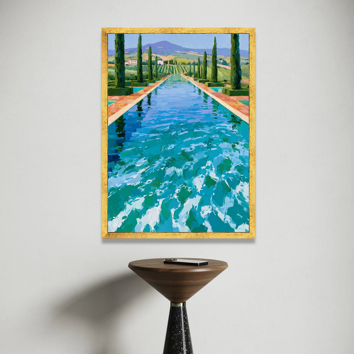 David Hockney Style Pool Landscape Canvas, Modern Impressionist Wall Art, Vibrant Garden View, Blue Water Reflection, Canvas Print Art