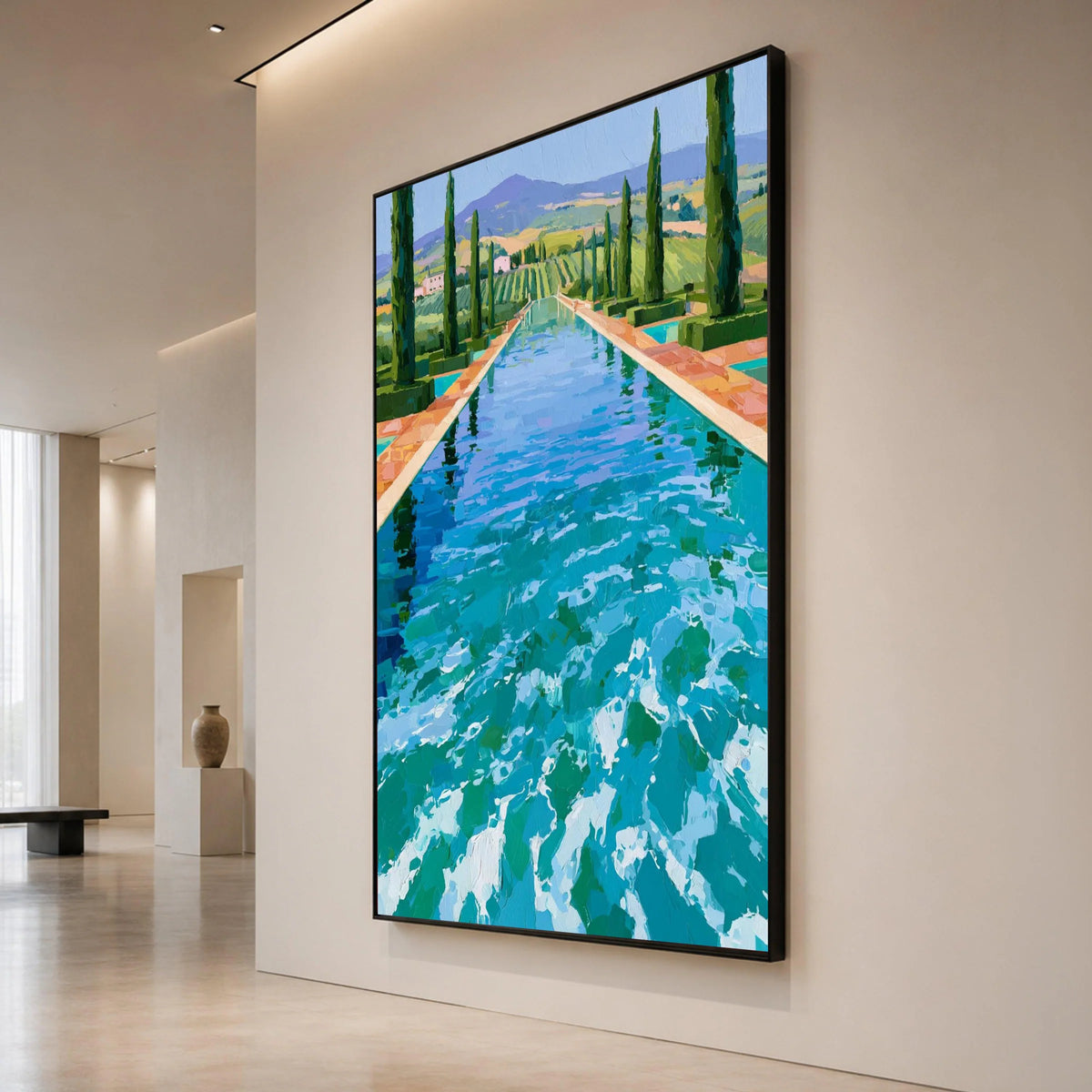 David Hockney Style Pool Landscape Canvas, Modern Impressionist Wall Art, Vibrant Garden View, Blue Water Reflection, Canvas Print Art
