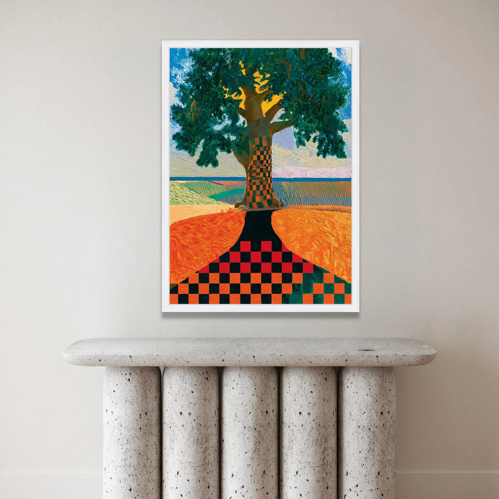 David Hockney Style Checkerboard Tree Canvas Wall Art, Contemporary Landscape Painting, Colorful Modern Nature Decor Canvas Print Art