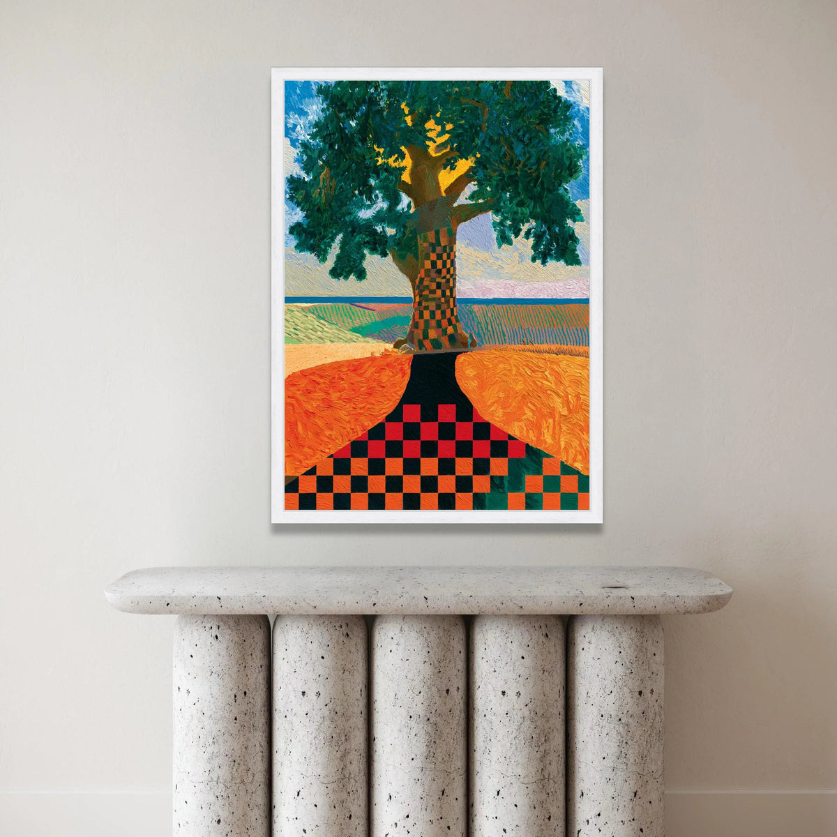 David Hockney Style Checkerboard Tree Canvas Wall Art, Contemporary Landscape Painting, Colorful Modern Nature Decor Canvas Print Art