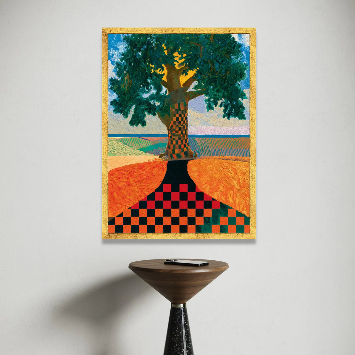 David Hockney Style Checkerboard Tree Canvas Wall Art, Contemporary Landscape Painting, Colorful Modern Nature Decor Canvas Print Art