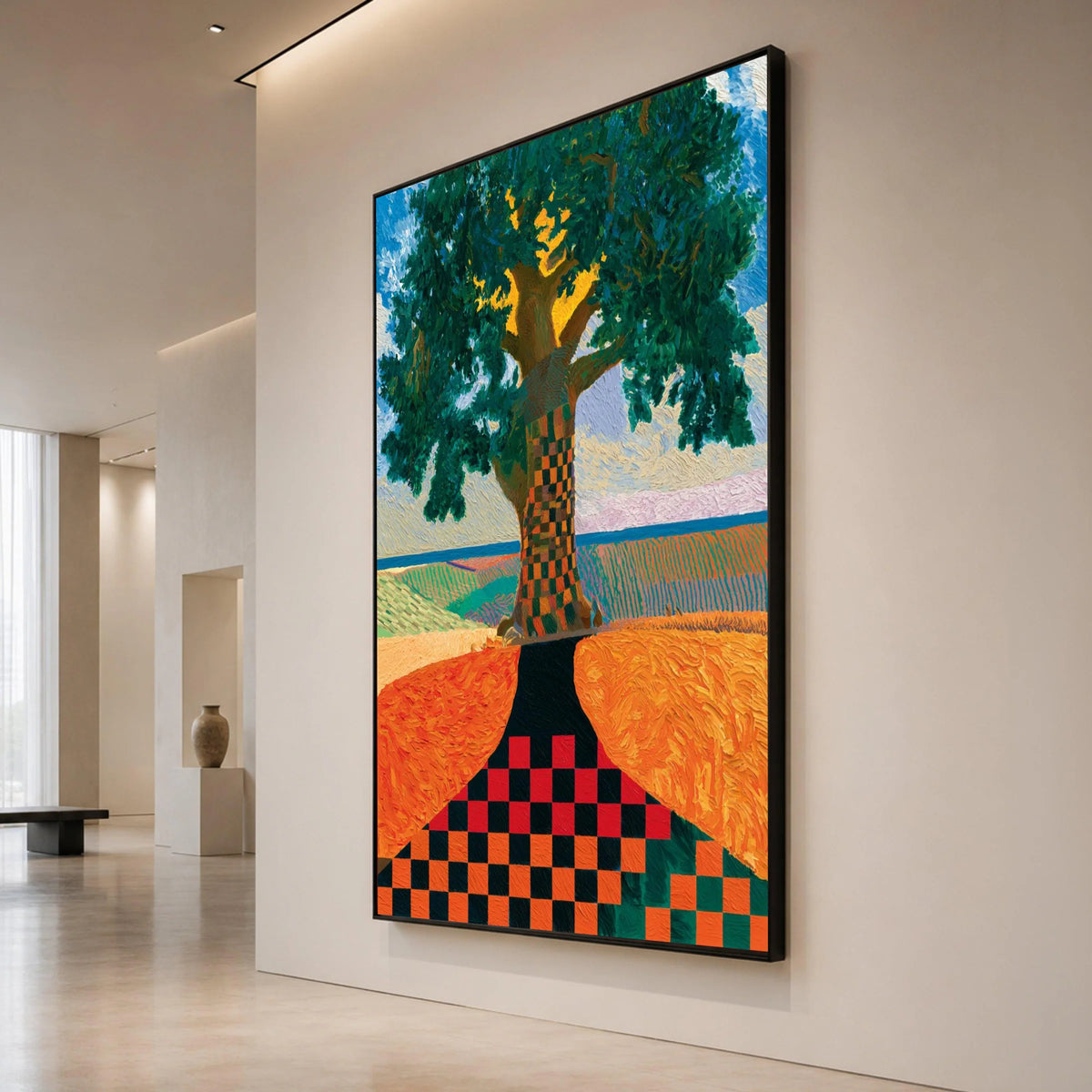 David Hockney Style Checkerboard Tree Canvas Wall Art, Contemporary Landscape Painting, Colorful Modern Nature Decor Canvas Print Art