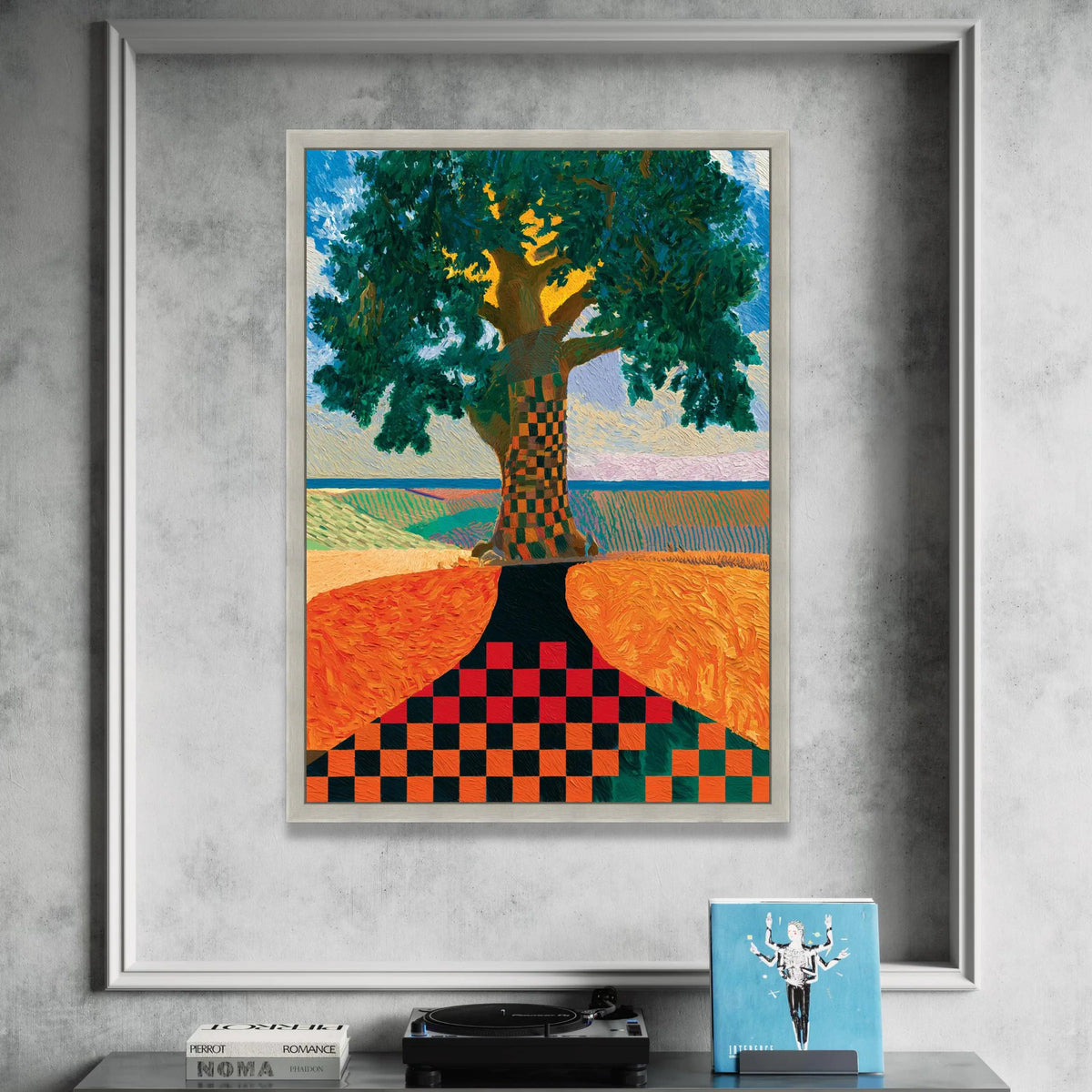 David Hockney Style Checkerboard Tree Canvas Wall Art, Contemporary Landscape Painting, Colorful Modern Nature Decor Canvas Print Art