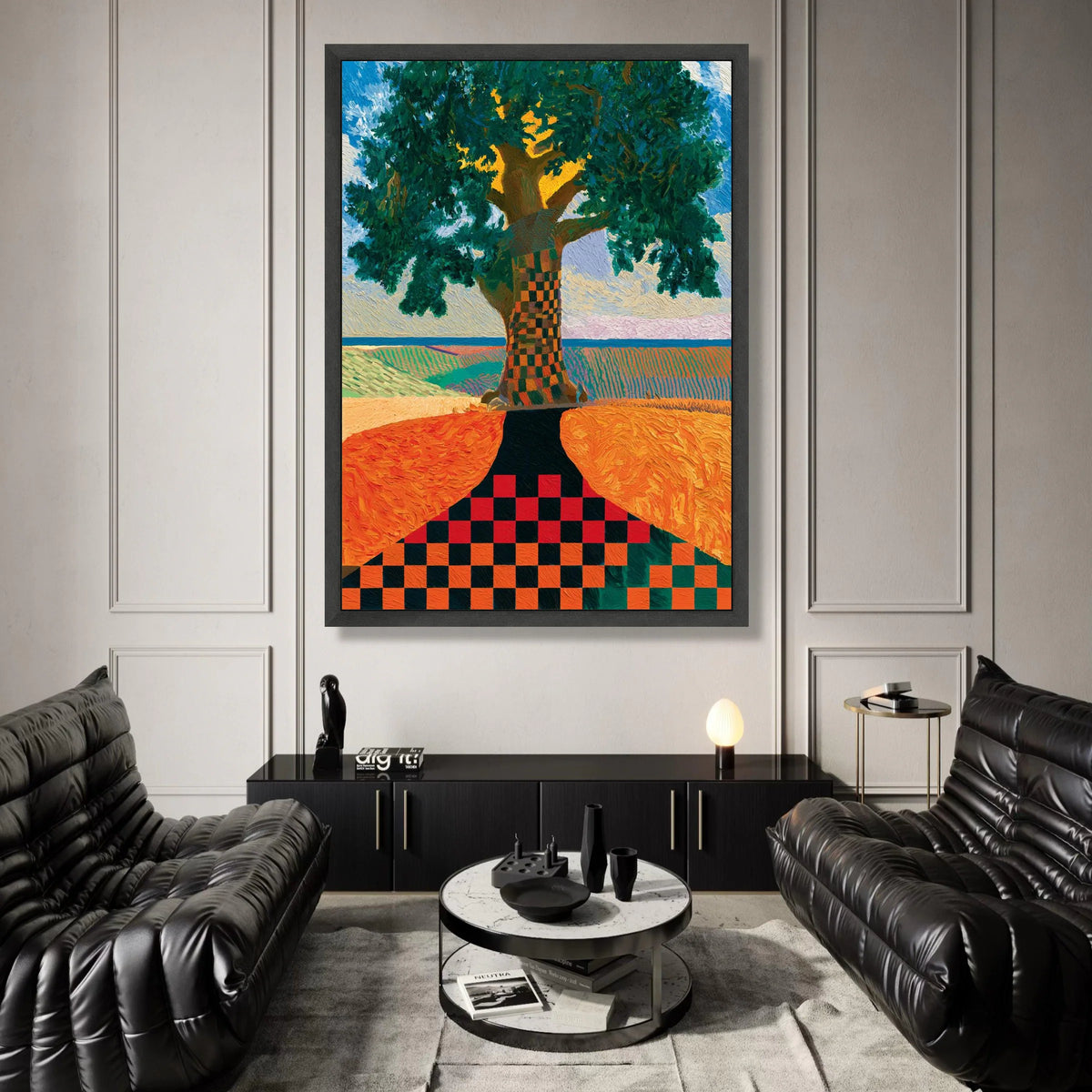 David Hockney Style Checkerboard Tree Canvas Wall Art, Contemporary Landscape Painting, Colorful Modern Nature Decor Canvas Print Art
