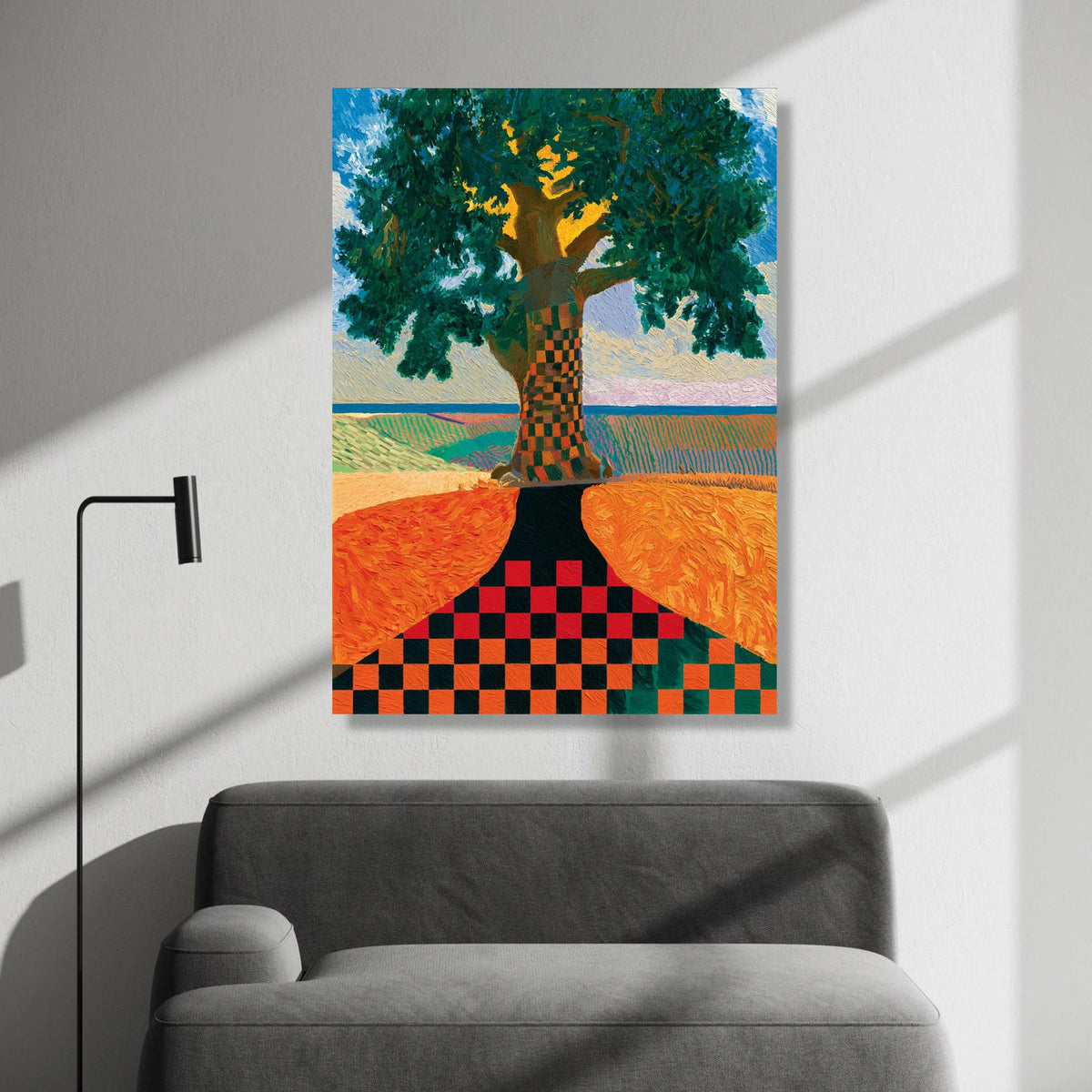 David Hockney Style Checkerboard Tree Canvas Wall Art, Contemporary Landscape Painting, Colorful Modern Nature Decor Canvas Print Art