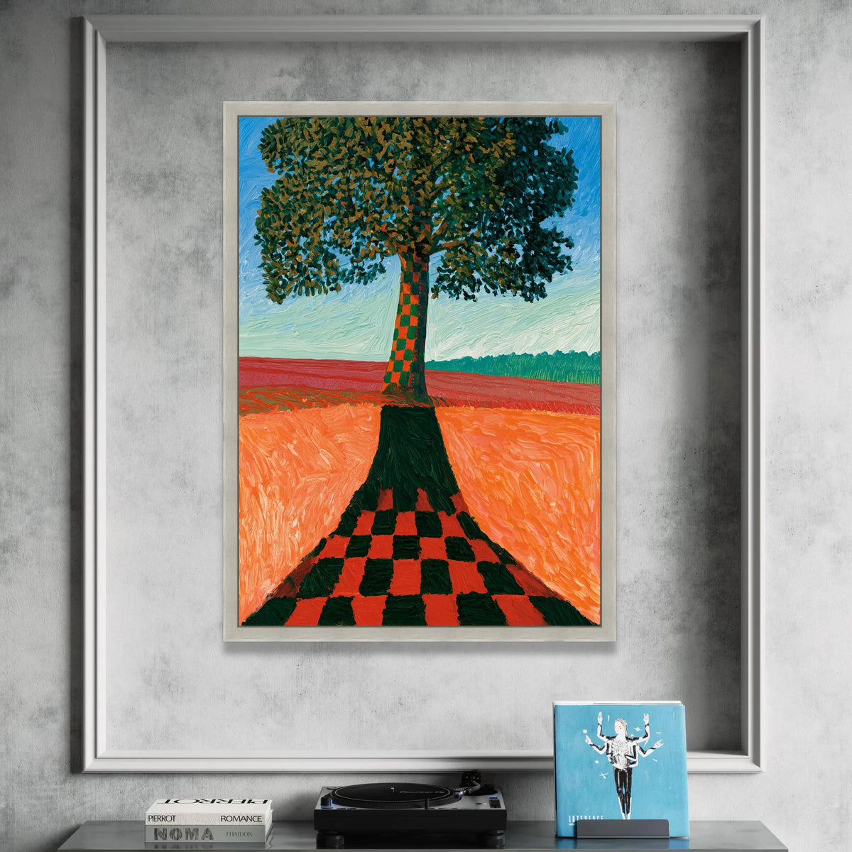 David Hockney Style Checkerboard Tree Canvas, Modern Landscape Wall Art, Colorful Nature Scene, Contemporary Home Canvas Print Art