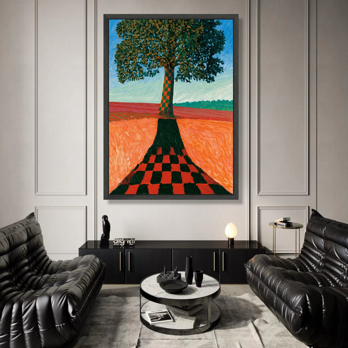 David Hockney Style Checkerboard Tree Canvas, Modern Landscape Wall Art, Colorful Nature Scene, Contemporary Home Canvas Print Art