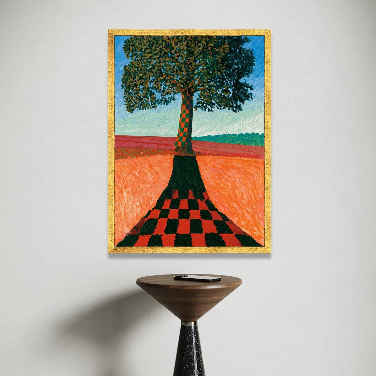David Hockney Style Checkerboard Tree Canvas, Modern Landscape Wall Art, Colorful Nature Scene, Contemporary Home Canvas Print Art