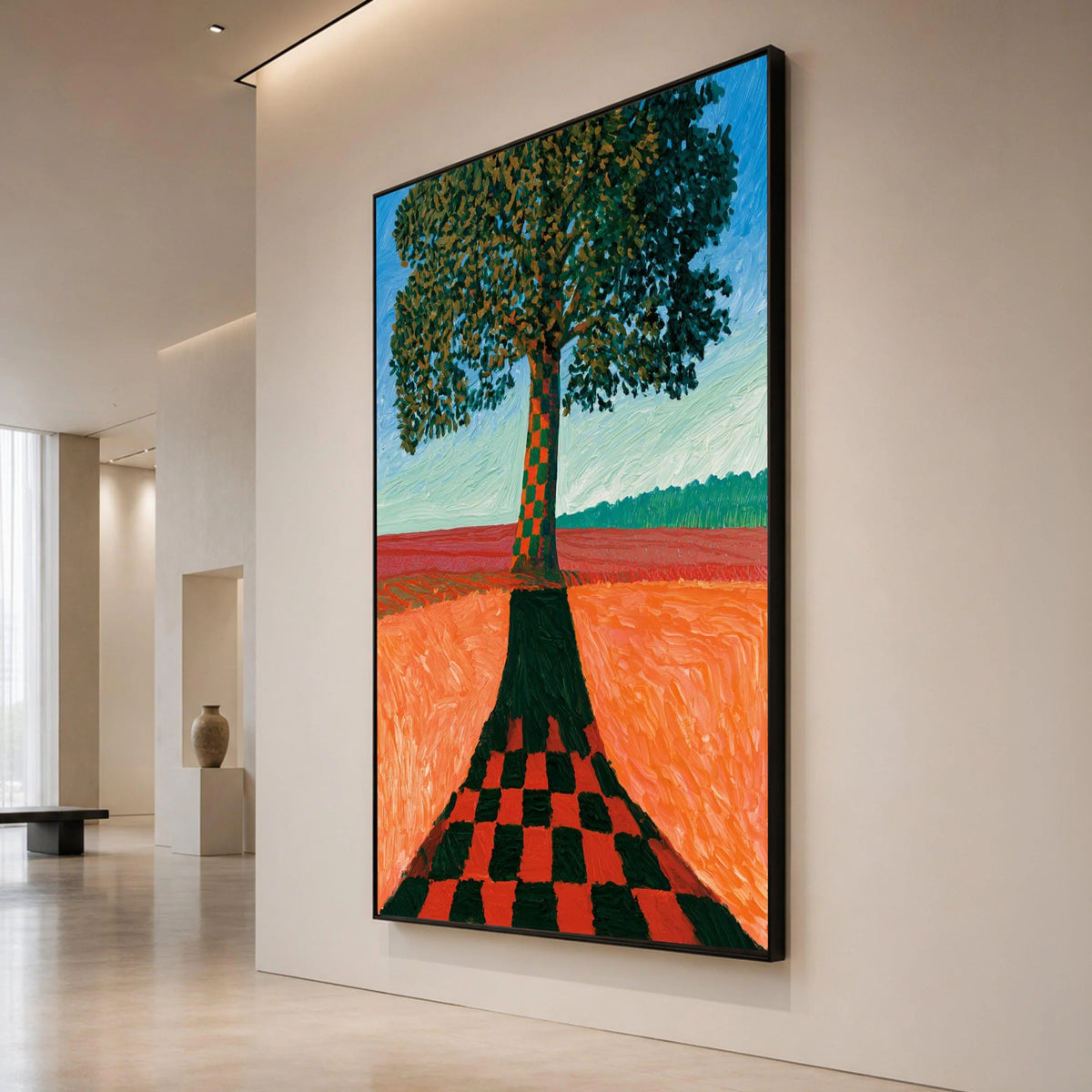 David Hockney Style Checkerboard Tree Canvas, Modern Landscape Wall Art, Colorful Nature Scene, Contemporary Home Canvas Print Art