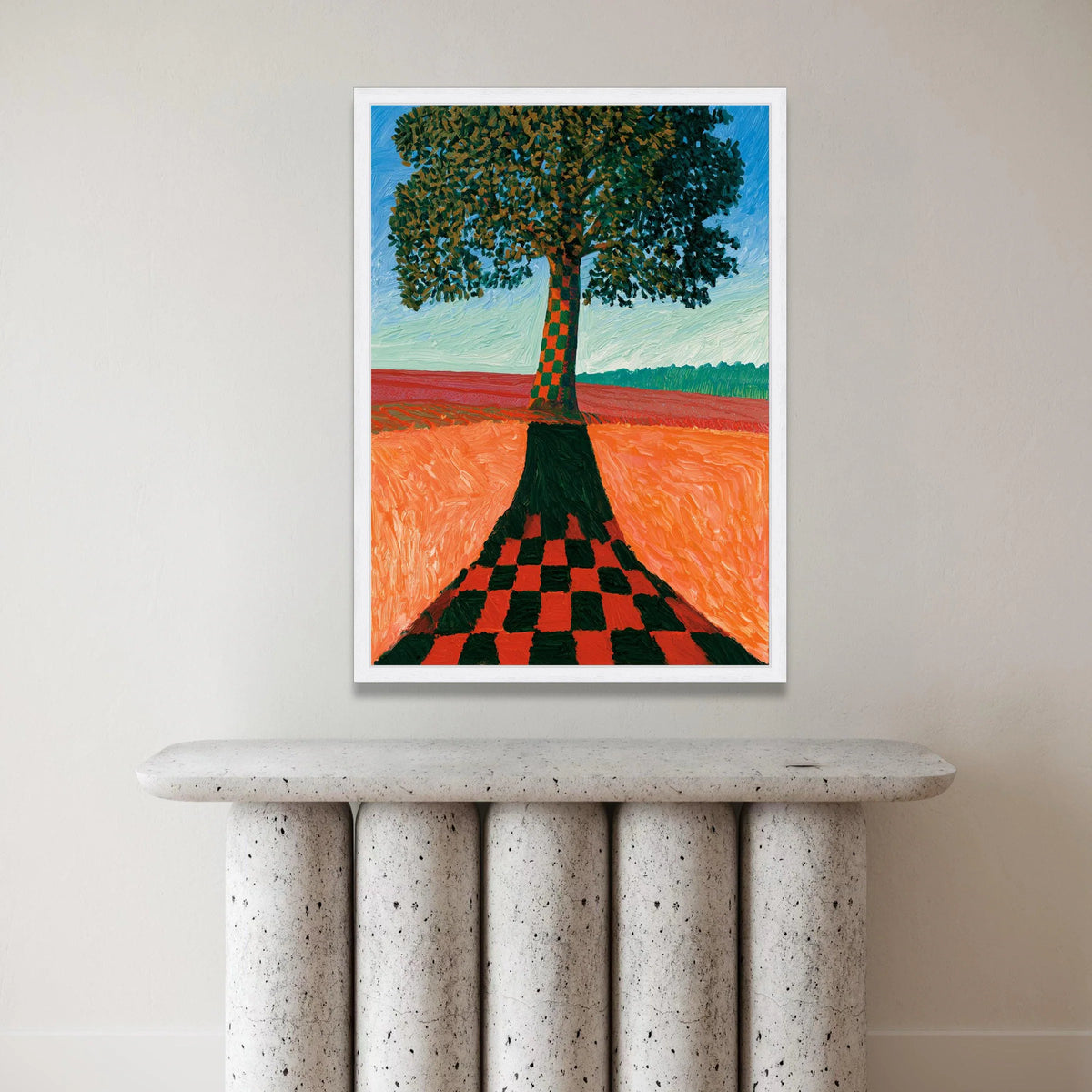 David Hockney Style Checkerboard Tree Canvas, Modern Landscape Wall Art, Colorful Nature Scene, Contemporary Home Canvas Print Art