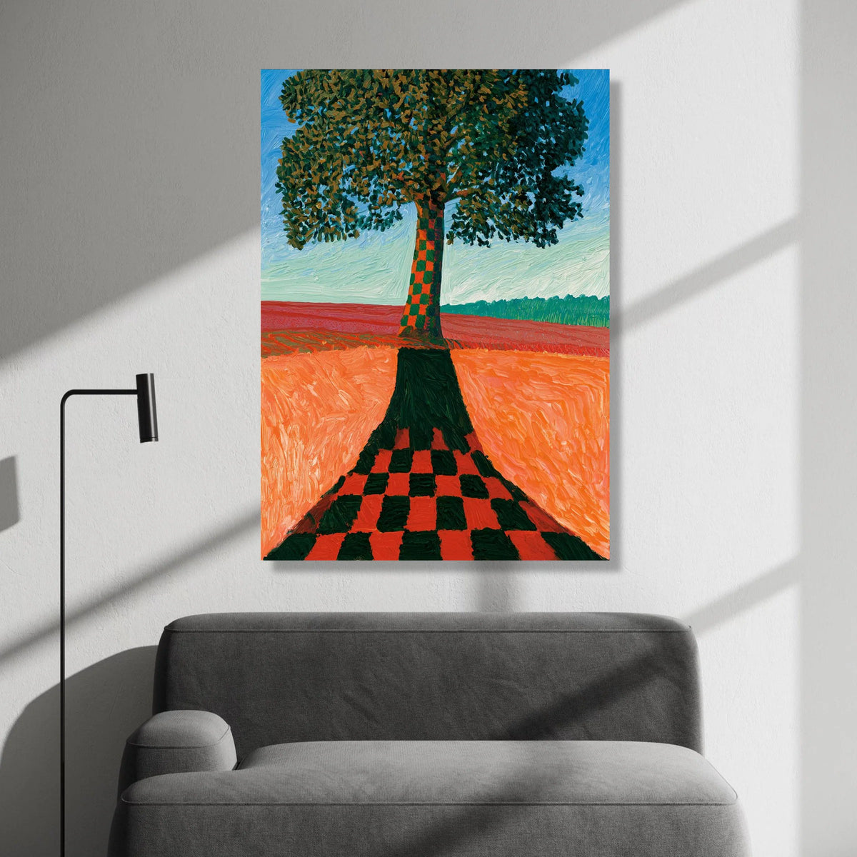 David Hockney Style Checkerboard Tree Canvas, Modern Landscape Wall Art, Colorful Nature Scene, Contemporary Home Canvas Print Art