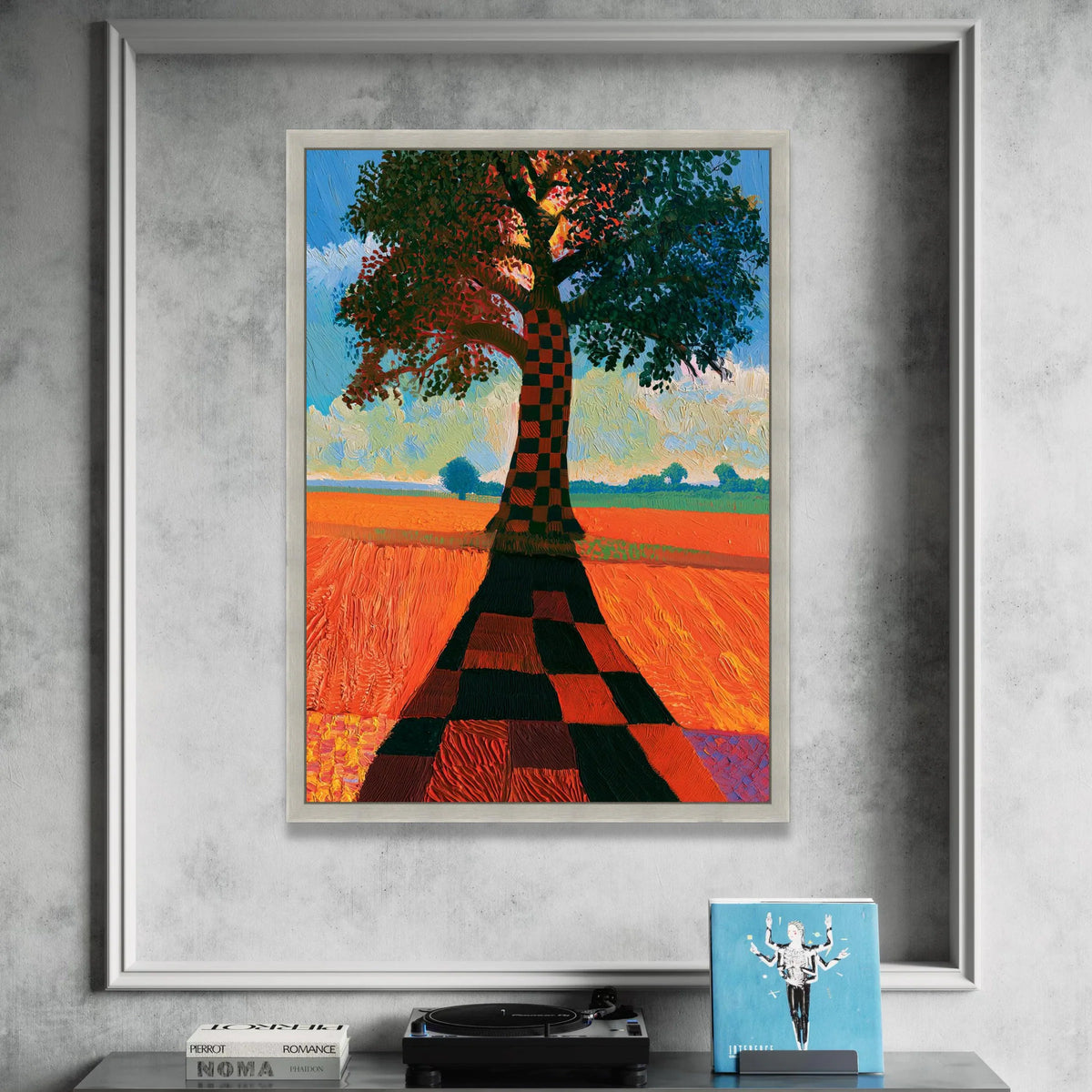 David Hockney Style Checkerboard Tree Canvas, Vibrant Landscape Wall Art, Modern Abstract Nature Painting, Colorful Home Canvas Print Art