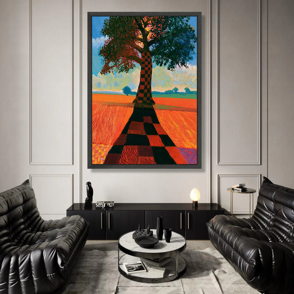 David Hockney Style Checkerboard Tree Canvas, Vibrant Landscape Wall Art, Modern Abstract Nature Painting, Colorful Home Canvas Print Art