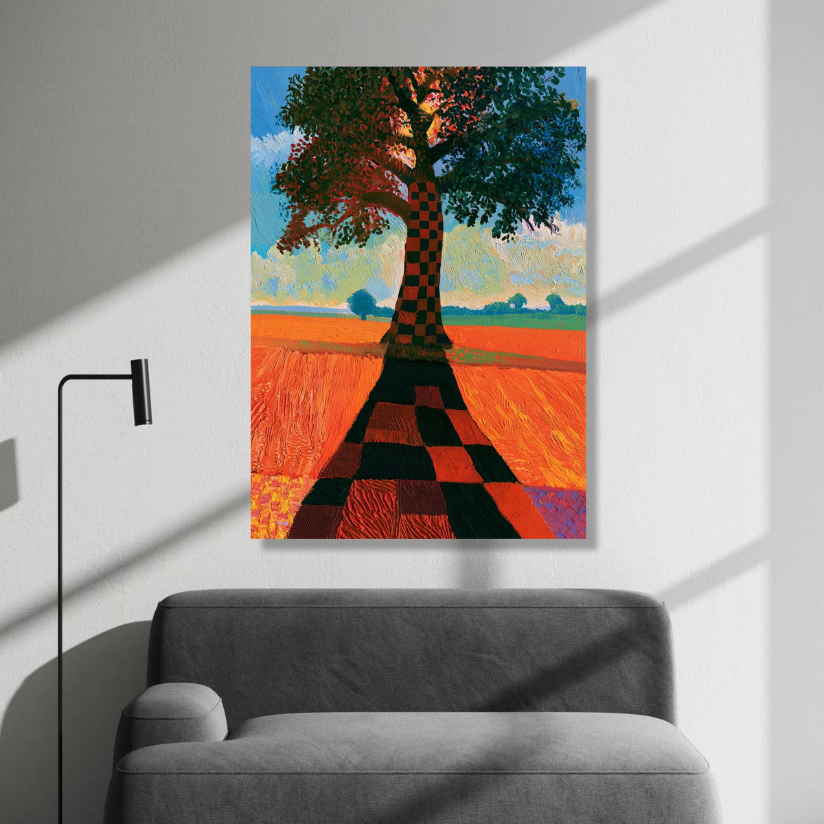 David Hockney Style Checkerboard Tree Canvas, Vibrant Landscape Wall Art, Modern Abstract Nature Painting, Colorful Home Canvas Print Art