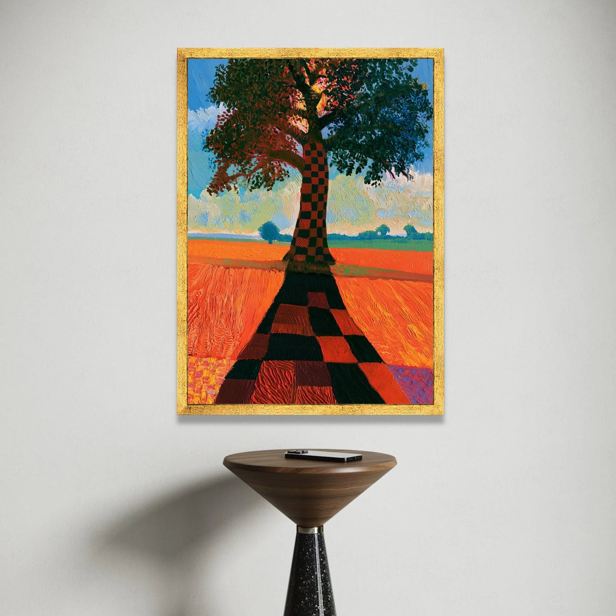 David Hockney Style Checkerboard Tree Canvas, Vibrant Landscape Wall Art, Modern Abstract Nature Painting, Colorful Home Canvas Print Art
