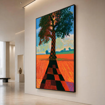 David Hockney Style Checkerboard Tree Canvas, Vibrant Landscape Wall Art, Modern Abstract Nature Painting, Colorful Home Canvas Print Art