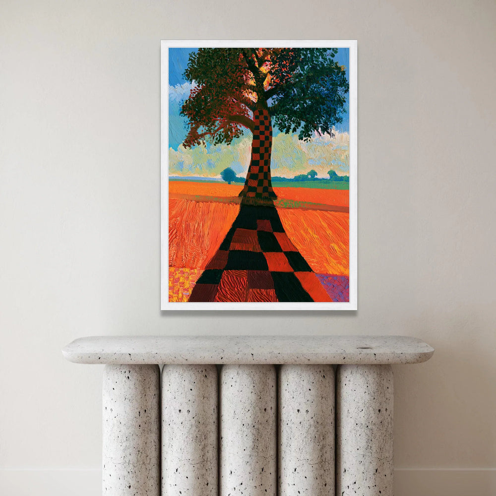 David Hockney Style Checkerboard Tree Canvas, Vibrant Landscape Wall Art, Modern Abstract Nature Painting, Colorful Home Canvas Print Art