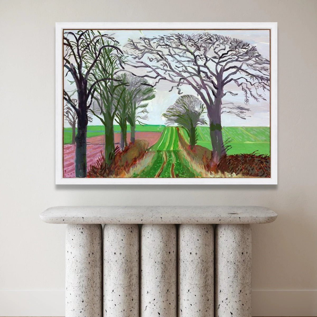 David Hockney Style Countryside Path Canvas, Abstract Landscape Wall Art, Modern Tree Silhouettes, Green Field Canvas Canvas Print Art