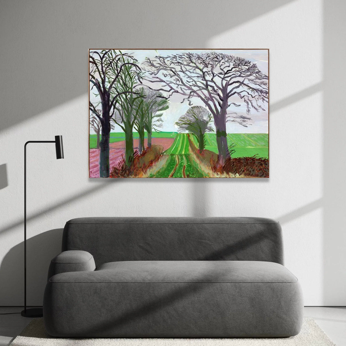 David Hockney Style Countryside Path Canvas, Abstract Landscape Wall Art, Modern Tree Silhouettes, Green Field Canvas Canvas Print Art