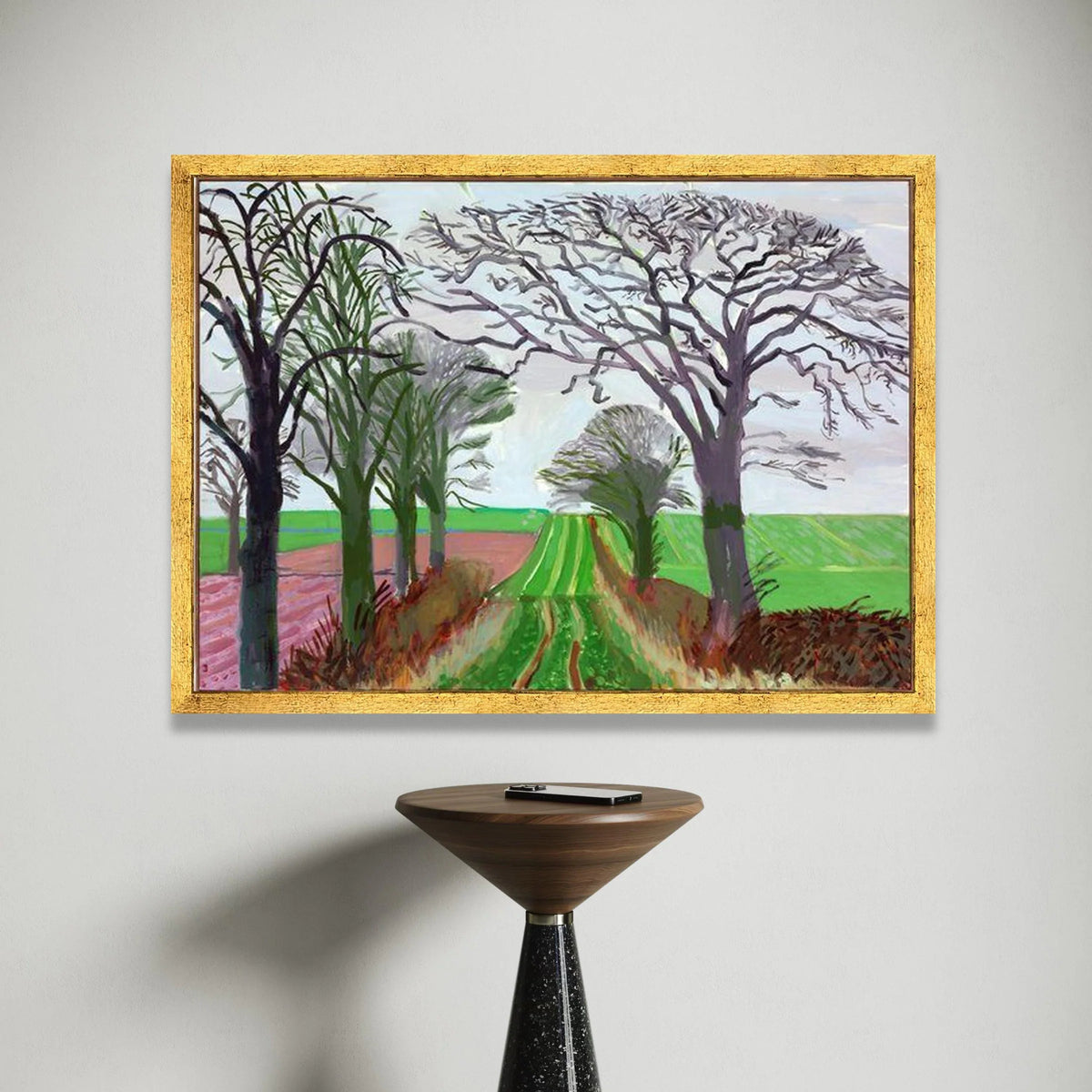 David Hockney Style Countryside Path Canvas, Abstract Landscape Wall Art, Modern Tree Silhouettes, Green Field Canvas Canvas Print Art