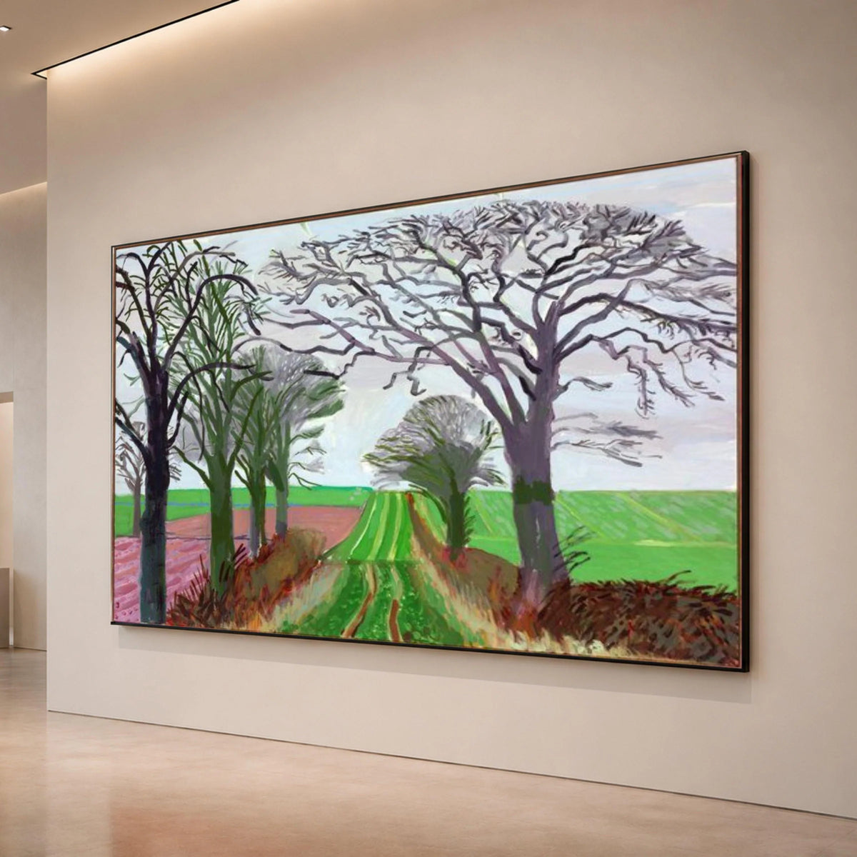 David Hockney Style Countryside Path Canvas, Abstract Landscape Wall Art, Modern Tree Silhouettes, Green Field Canvas Canvas Print Art