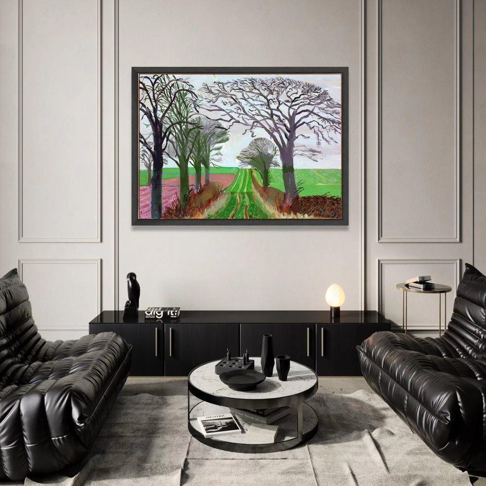 David Hockney Style Countryside Path Canvas, Abstract Landscape Wall Art, Modern Tree Silhouettes, Green Field Canvas Canvas Print Art