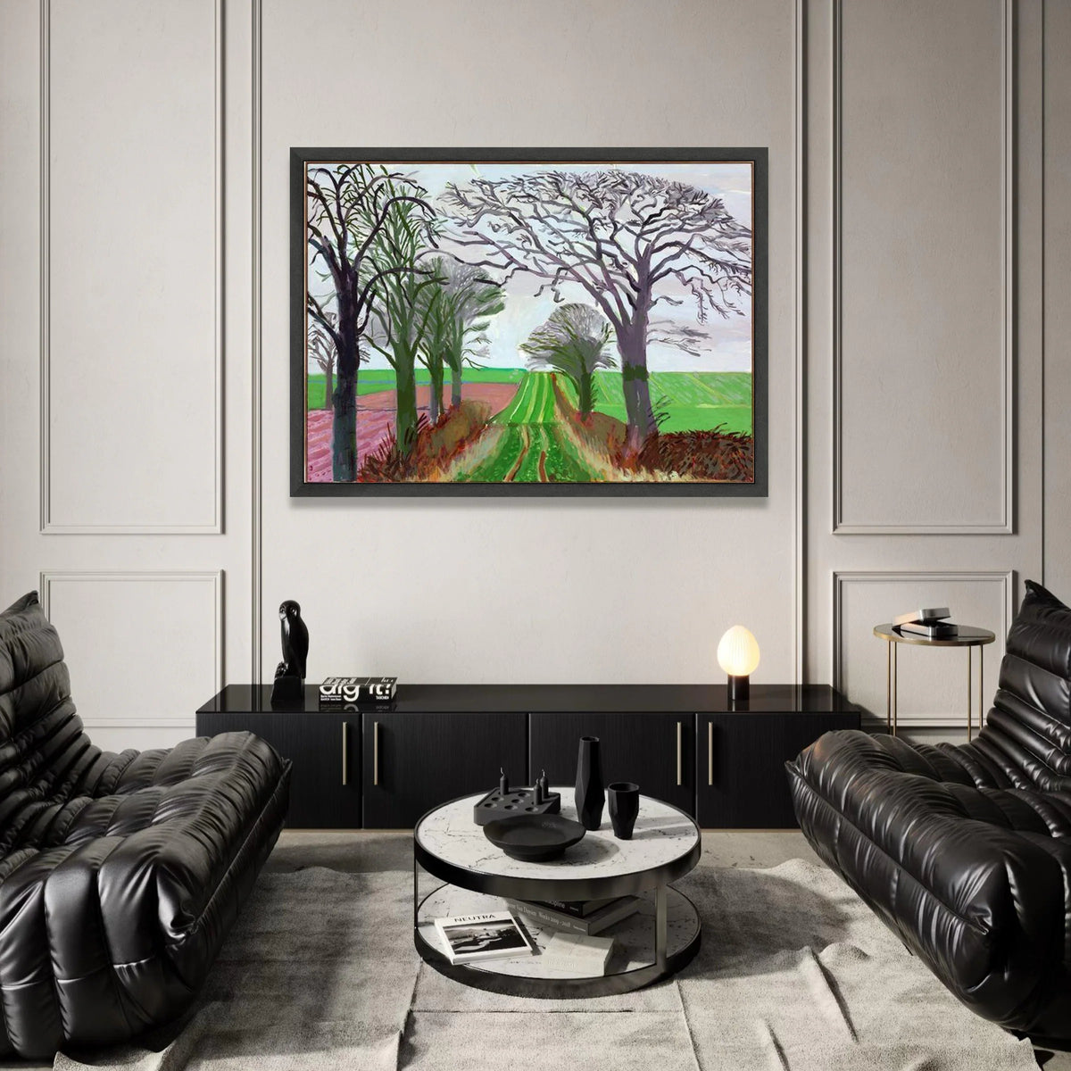 David Hockney Style Countryside Path Canvas, Abstract Landscape Wall Art, Modern Tree Silhouettes, Green Field Canvas Canvas Print Art