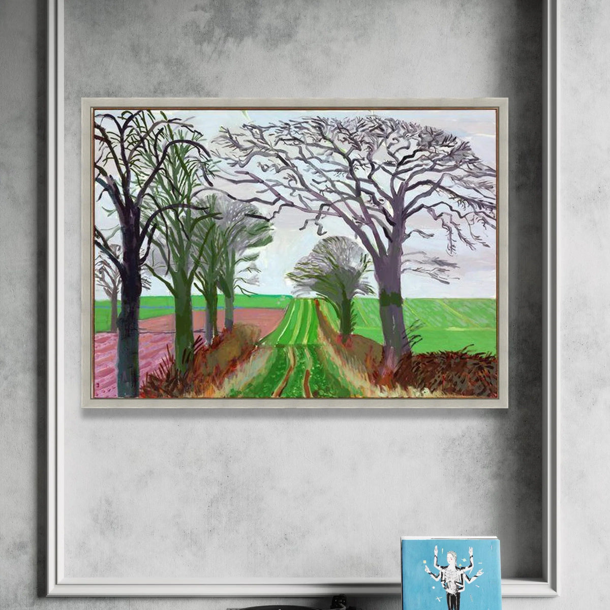 David Hockney Style Countryside Path Canvas, Abstract Landscape Wall Art, Modern Tree Silhouettes, Green Field Canvas Canvas Print Art