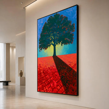 David Hockney Vibrant Tree Canvas Wall Art, Bold Red Landscape Painting, Modern Nature Decor, Colorful Abstract Tree Art Canvas Print Art