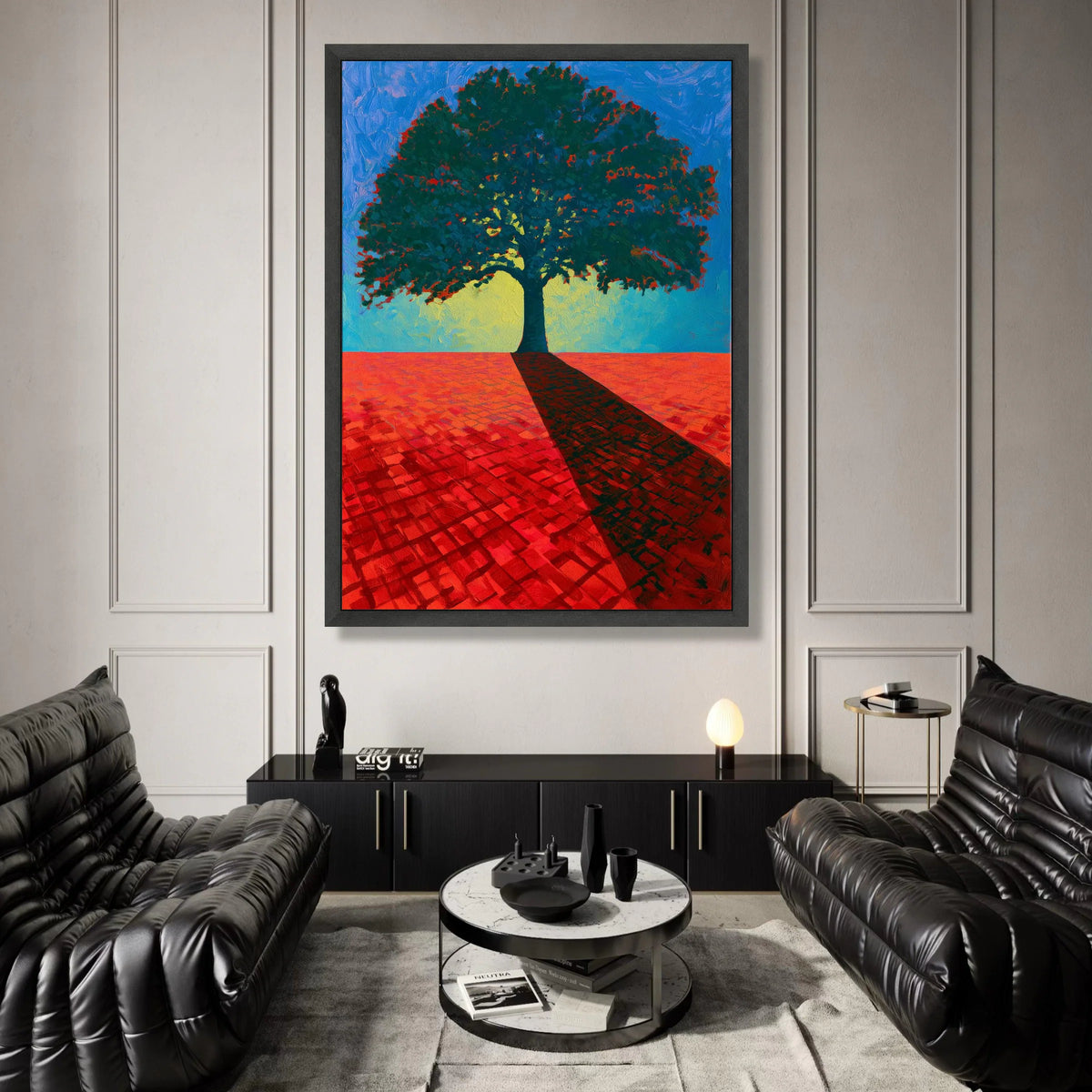 David Hockney Vibrant Tree Canvas Wall Art, Bold Red Landscape Painting, Modern Nature Decor, Colorful Abstract Tree Art Canvas Print Art