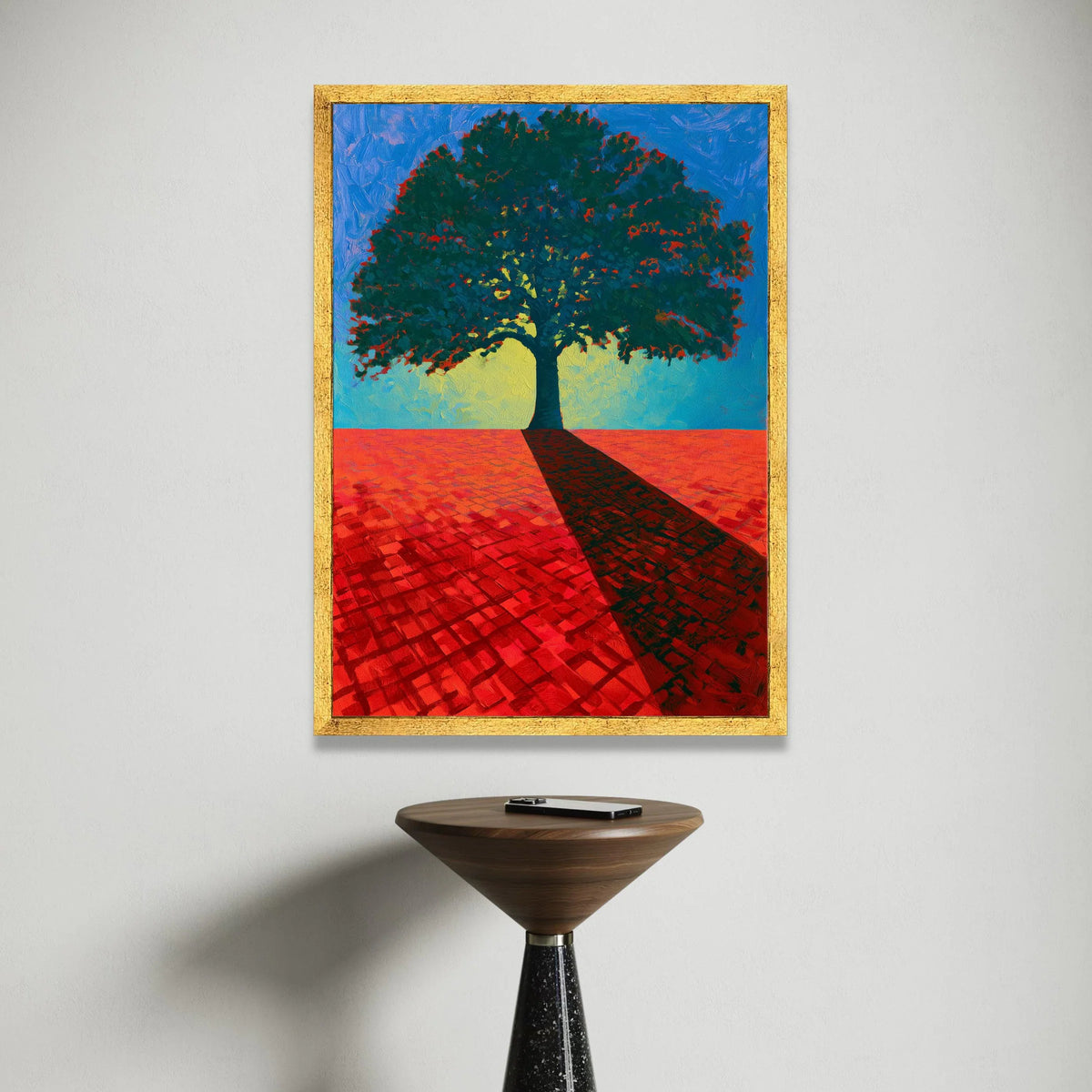 David Hockney Vibrant Tree Canvas Wall Art, Bold Red Landscape Painting, Modern Nature Decor, Colorful Abstract Tree Art Canvas Print Art