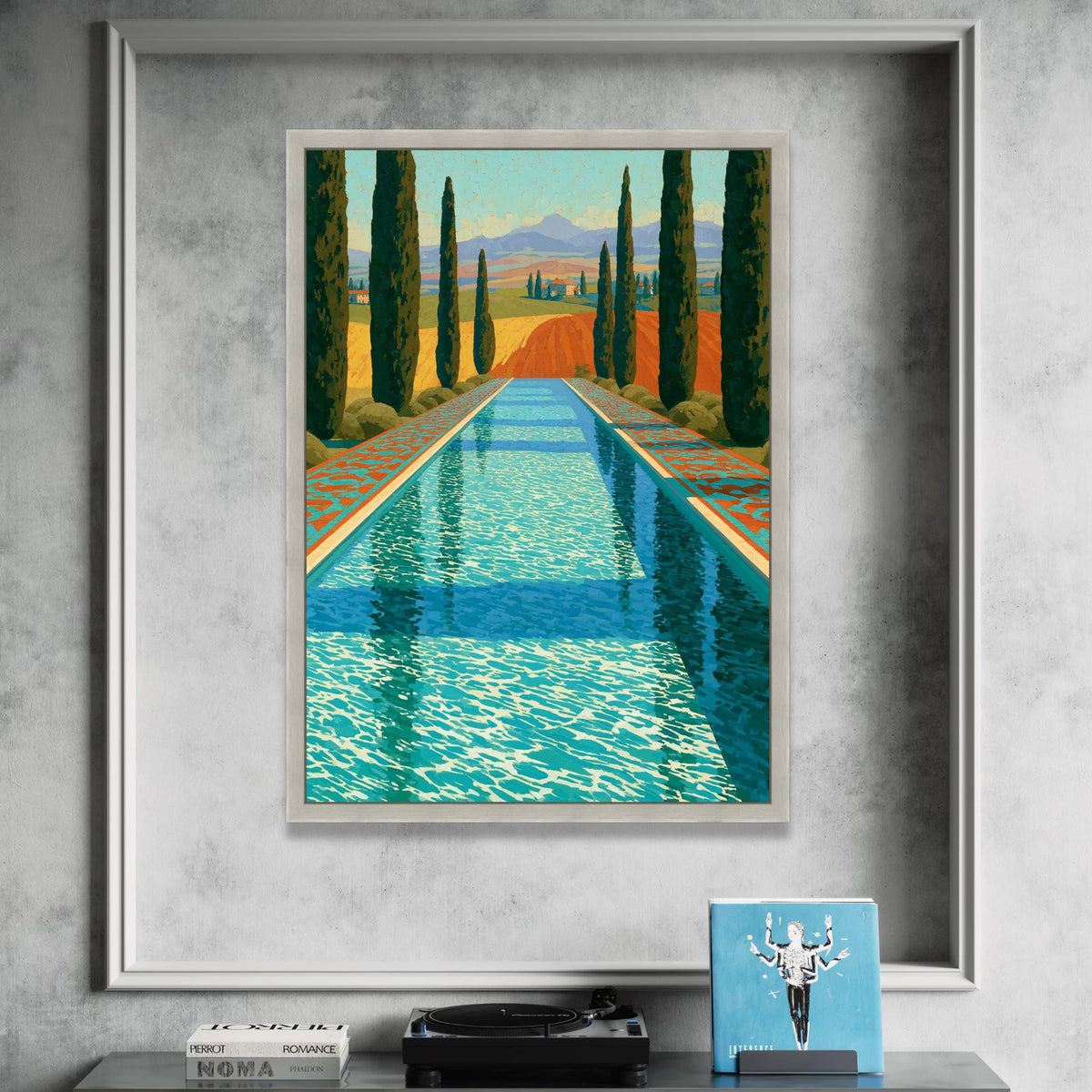 David Hockney Style Poolside Landscape Canvas, Cypress Trees and Distant Hills, Modern Coastal Wall Art, Vibrant Colors Canvas Print Art