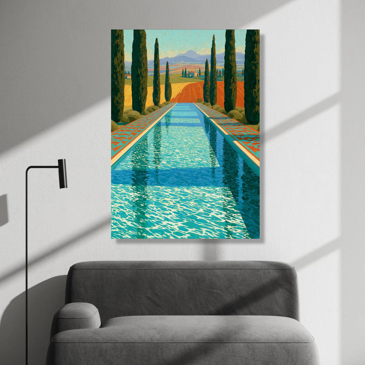 David Hockney Style Poolside Landscape Canvas, Cypress Trees and Distant Hills, Modern Coastal Wall Art, Vibrant Colors Canvas Print Art