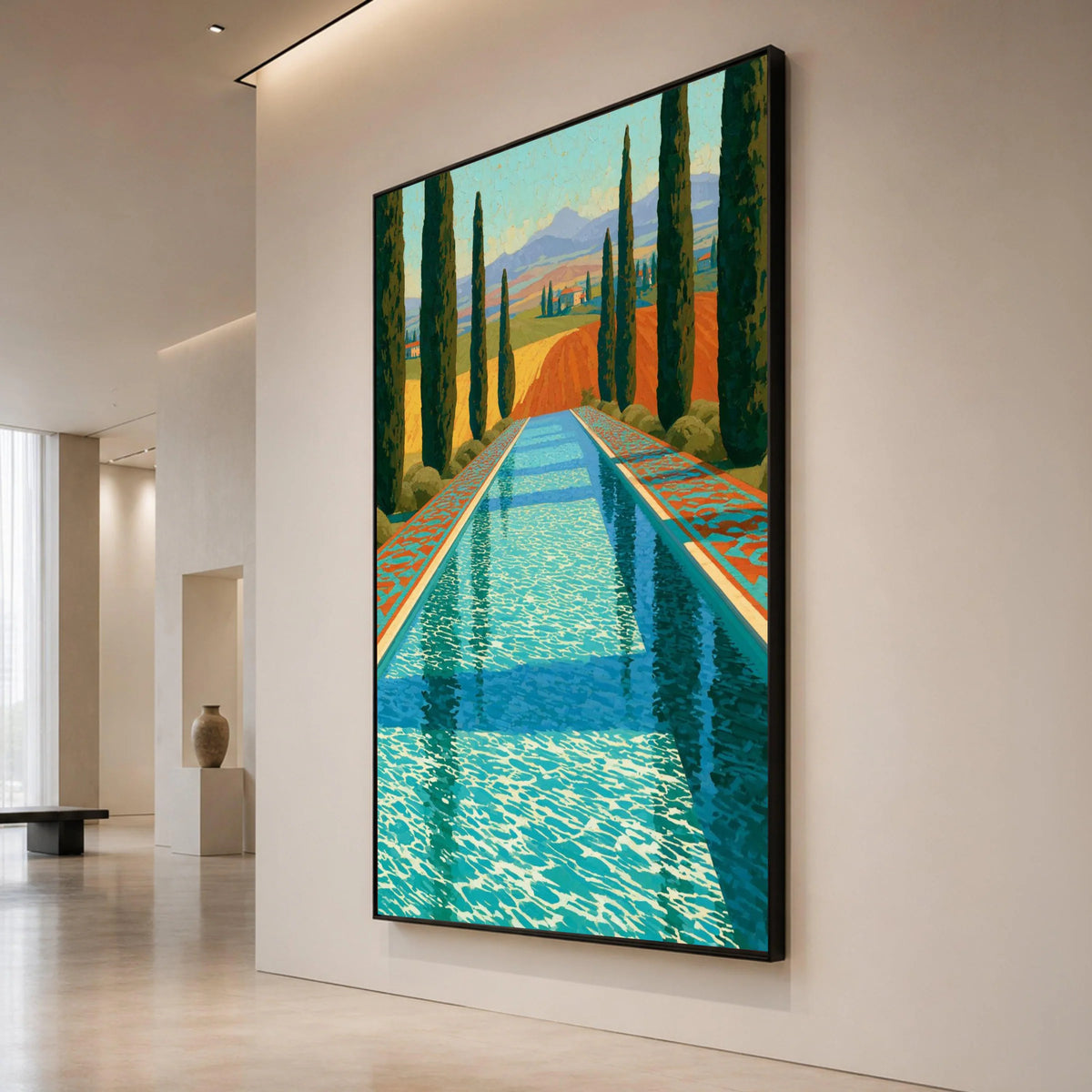 David Hockney Style Poolside Landscape Canvas, Cypress Trees and Distant Hills, Modern Coastal Wall Art, Vibrant Colors Canvas Print Art