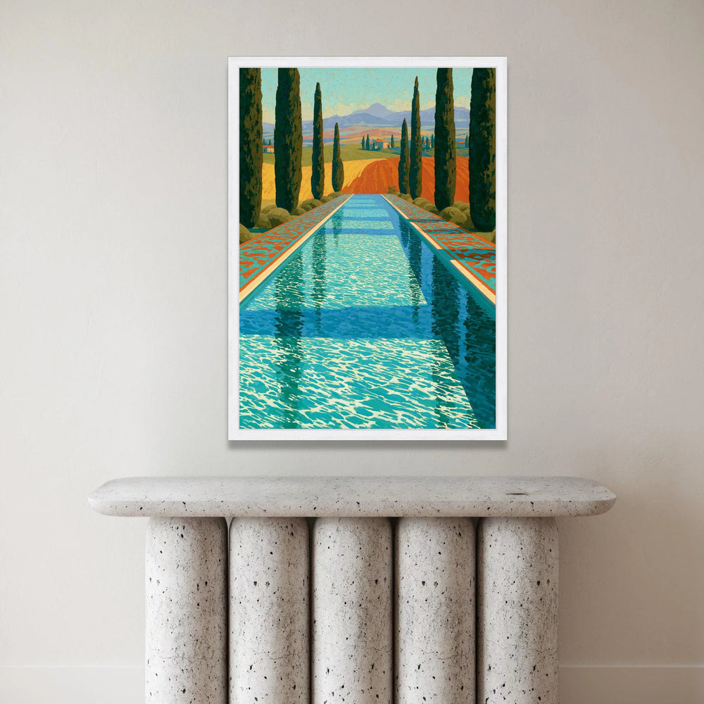 David Hockney Style Poolside Landscape Canvas, Cypress Trees and Distant Hills, Modern Coastal Wall Art, Vibrant Colors Canvas Print Art