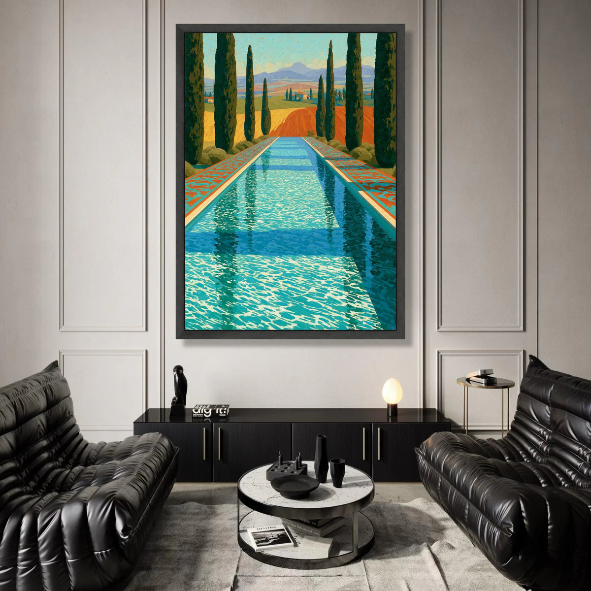 David Hockney Style Poolside Landscape Canvas, Cypress Trees and Distant Hills, Modern Coastal Wall Art, Vibrant Colors Canvas Print Art