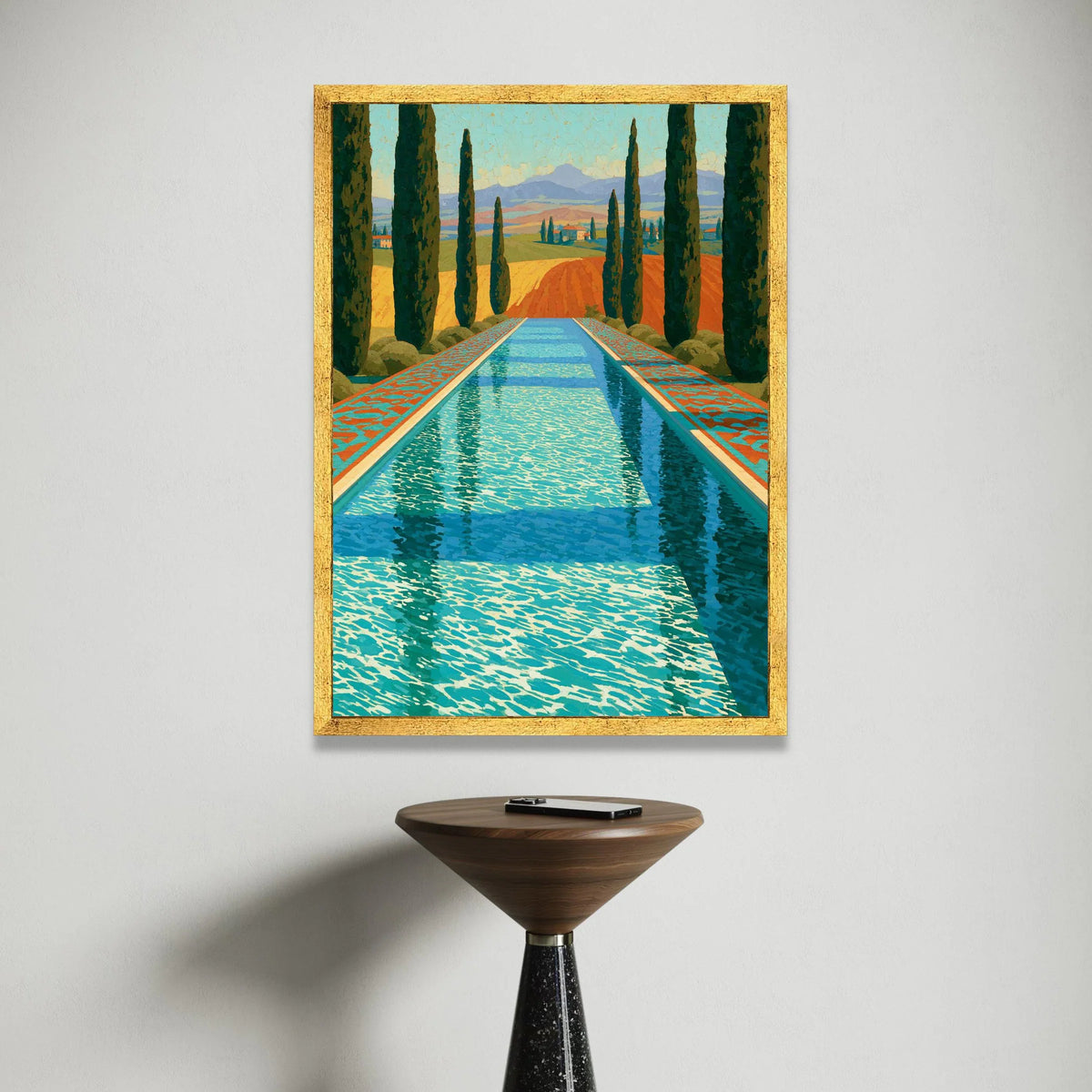 David Hockney Style Poolside Landscape Canvas, Cypress Trees and Distant Hills, Modern Coastal Wall Art, Vibrant Colors Canvas Print Art