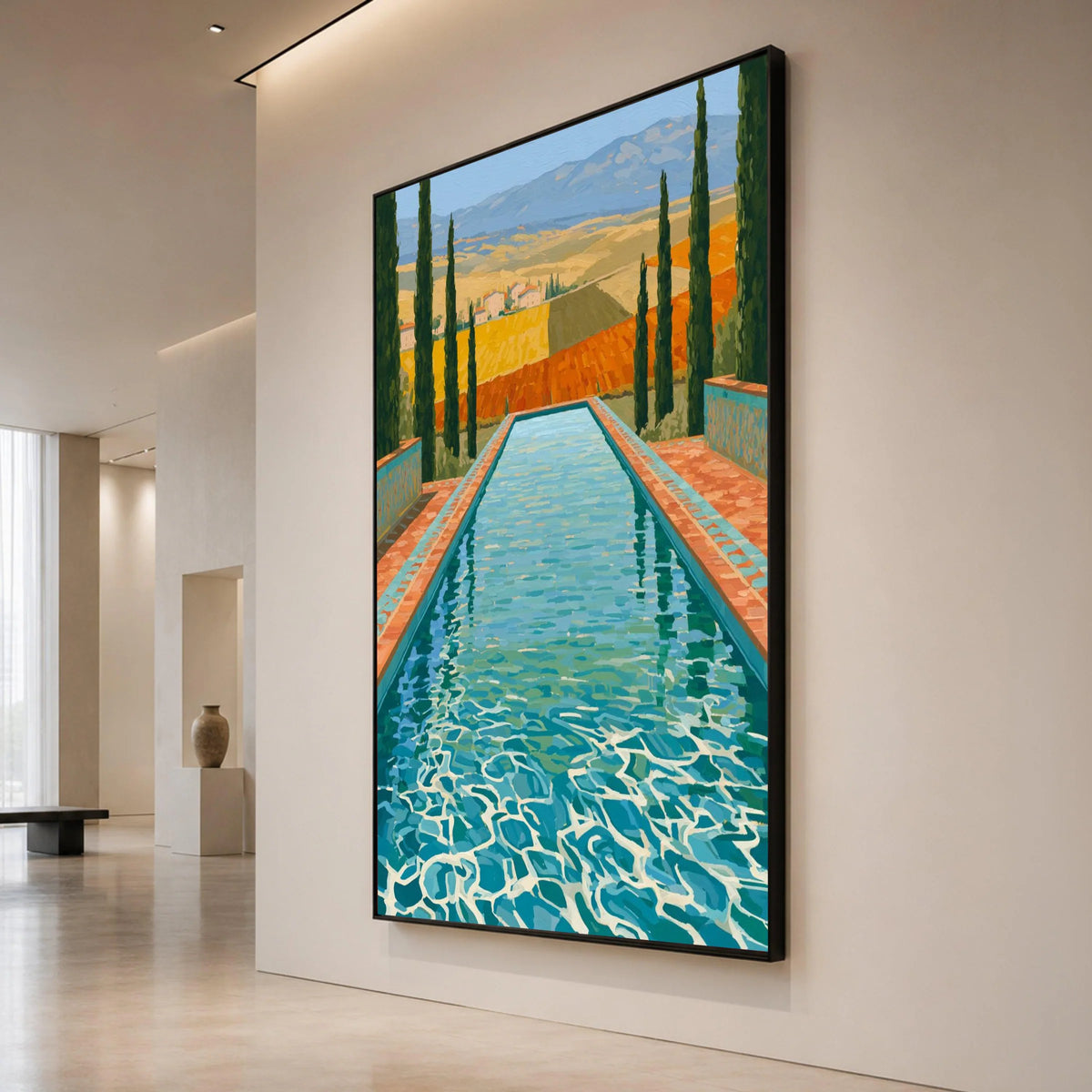 David Hockney Style Tuscan Pool Scene Canvas, Contemporary Landscape Wall Art, Vibrant Outdoor Decor, Italian Countryside Canvas Print Art