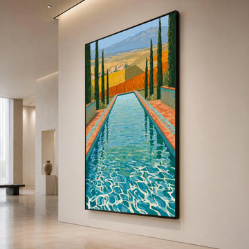 David Hockney Style Tuscan Pool Scene Canvas, Contemporary Landscape Wall Art, Vibrant Outdoor Decor, Italian Countryside Canvas Print Art