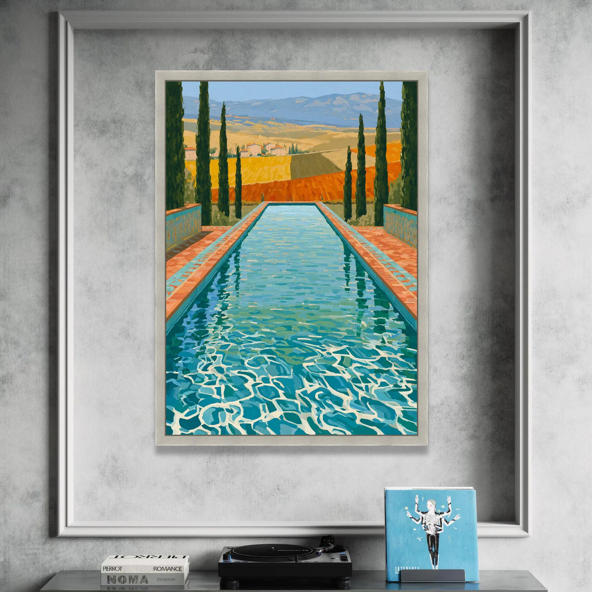 David Hockney Style Tuscan Pool Scene Canvas, Contemporary Landscape Wall Art, Vibrant Outdoor Decor, Italian Countryside Canvas Print Art