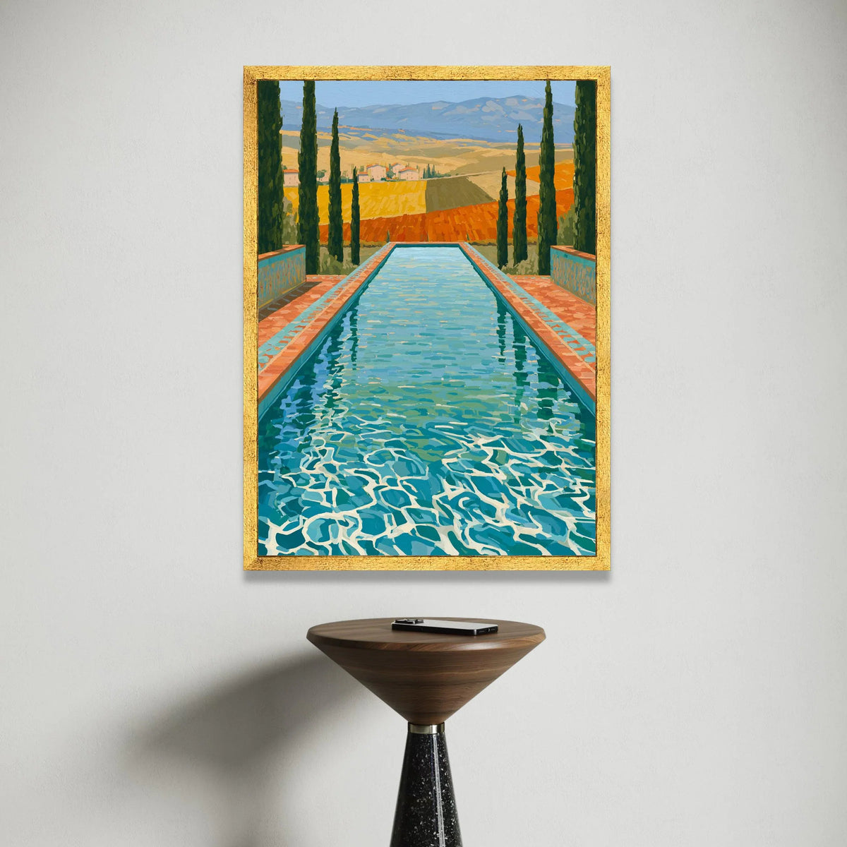 David Hockney Style Tuscan Pool Scene Canvas, Contemporary Landscape Wall Art, Vibrant Outdoor Decor, Italian Countryside Canvas Print Art