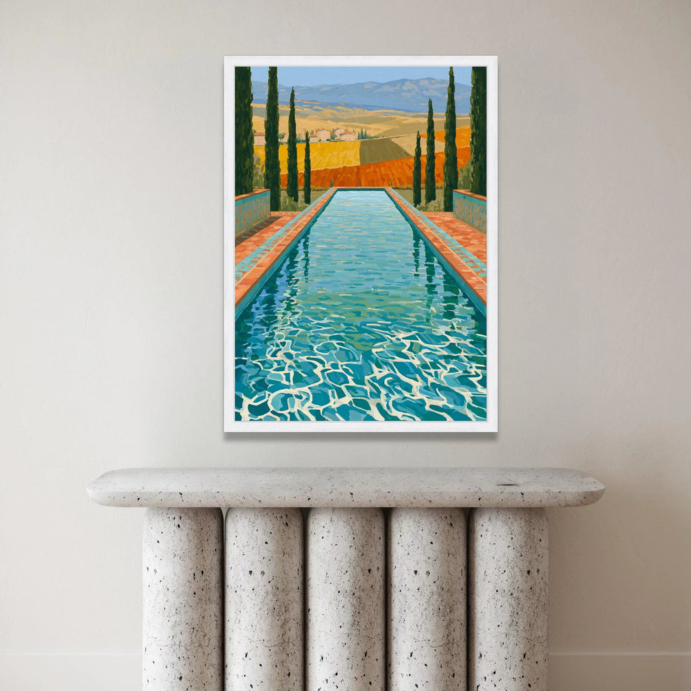 David Hockney Style Tuscan Pool Scene Canvas, Contemporary Landscape Wall Art, Vibrant Outdoor Decor, Italian Countryside Canvas Print Art