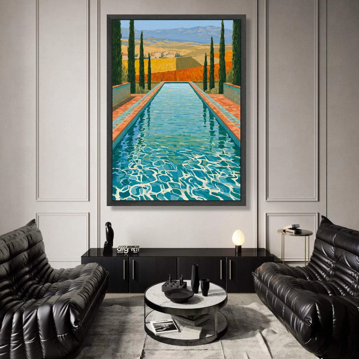 David Hockney Style Tuscan Pool Scene Canvas, Contemporary Landscape Wall Art, Vibrant Outdoor Decor, Italian Countryside Canvas Print Art