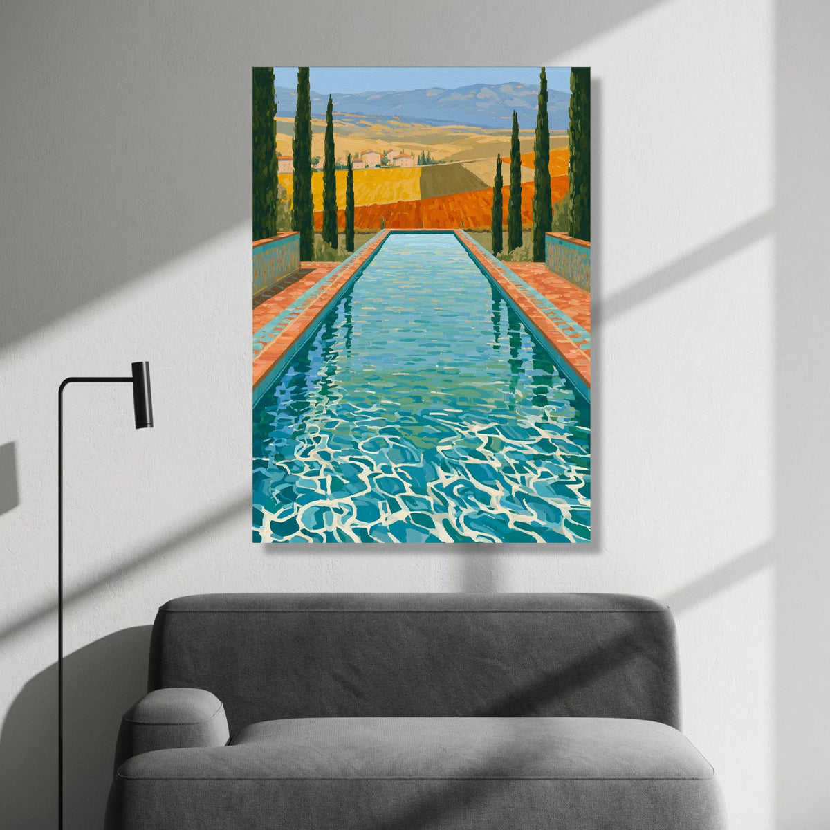 David Hockney Style Tuscan Pool Scene Canvas, Contemporary Landscape Wall Art, Vibrant Outdoor Decor, Italian Countryside Canvas Print Art